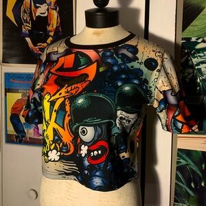 Multi-Colored Zombie & Graphitti Graphic Design Crop-Top Tee
